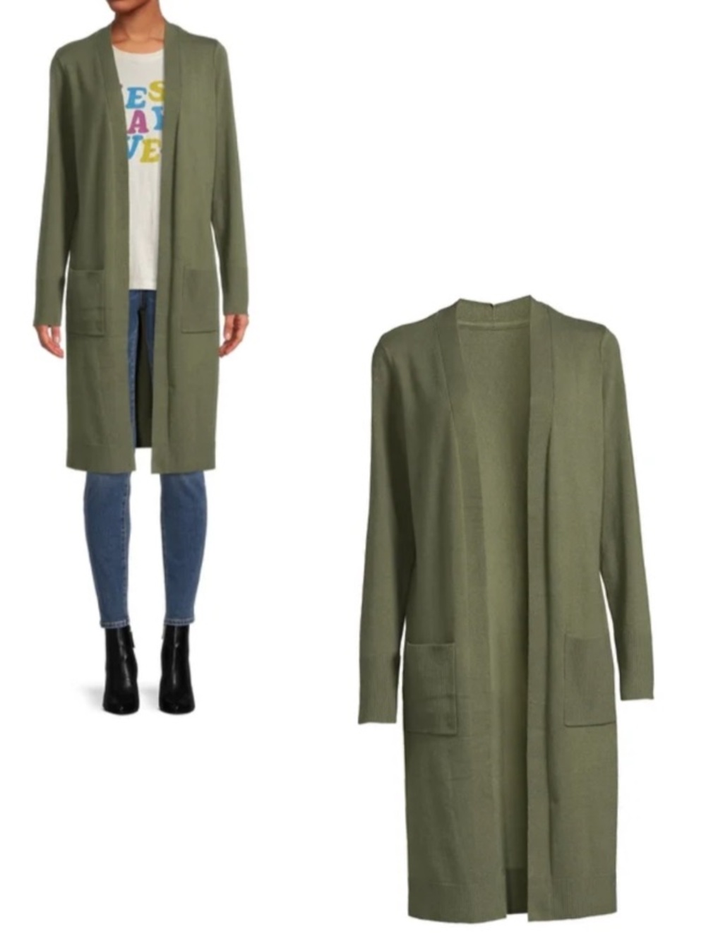 Time and Tru Olive Open-Front Long Cardigan